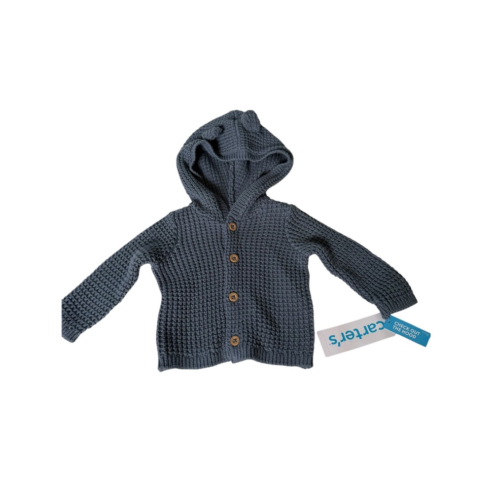 NWT Carter's Baby Bear Ear Hooded Cardigan Sweater Navy Blue Newborn 0M